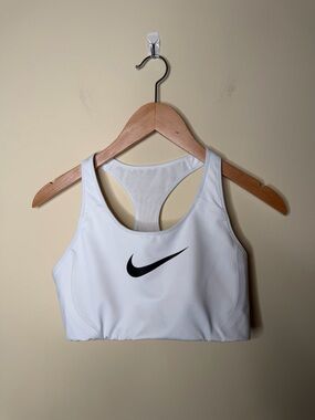 NIKE Women’s High Support Sports Bra Large  White Black Swoosh. Center Dri Fit.